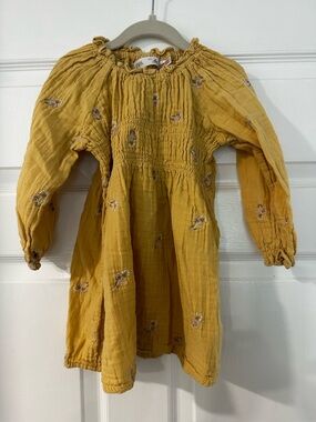 Zara Girls' Yellow Smocked Floral Long-Sleeve Dress